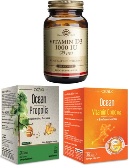 D3 Vitamini 1000 Iu 100 Kapsül + Ocean Propolis Sprey 20 Ml + C Vitamini 1000Mg 30 Tablet