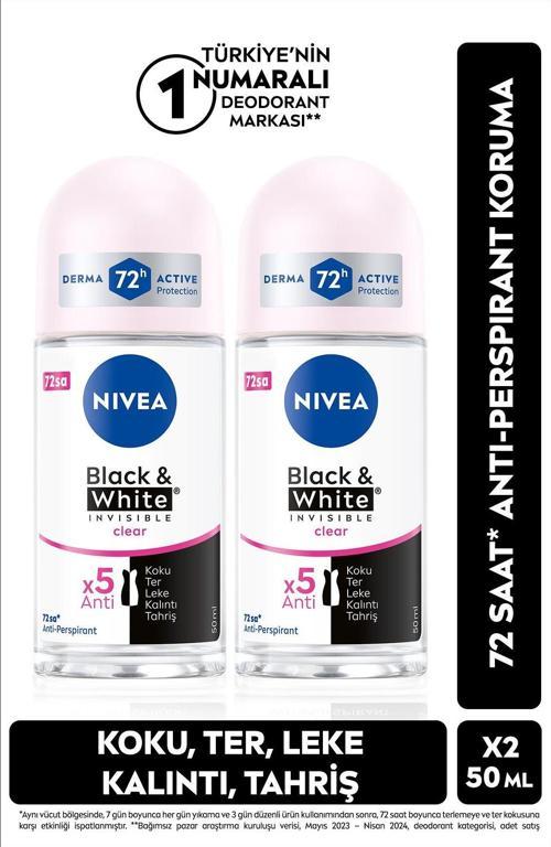 Kadın Roll-On Deodorant Black&White Invisible Clear 50Ml, 72 Saat Anti-Perspirant, X2 Adet