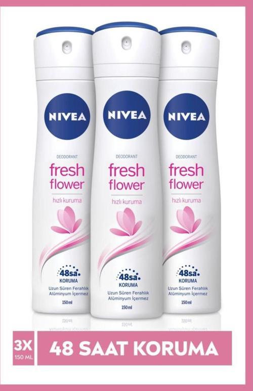 Kadın Sprey Deodorant Fresh Flower, 48 Saat Deodorant Koruması, 150Mlx3 Adet