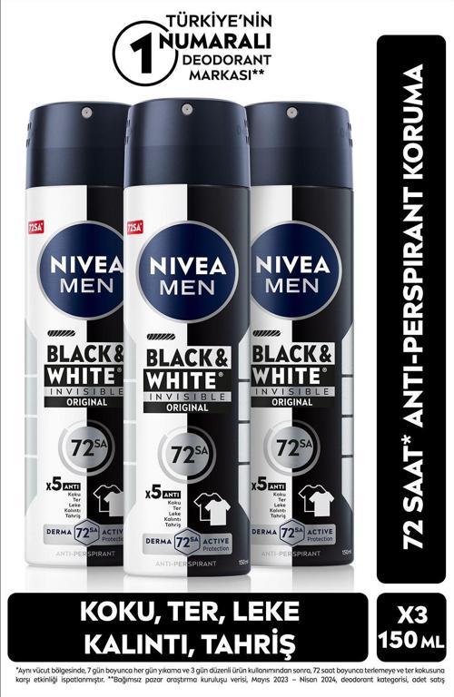 Men Black&White Invisible Original Deodorant 150 Ml X 3 Adet