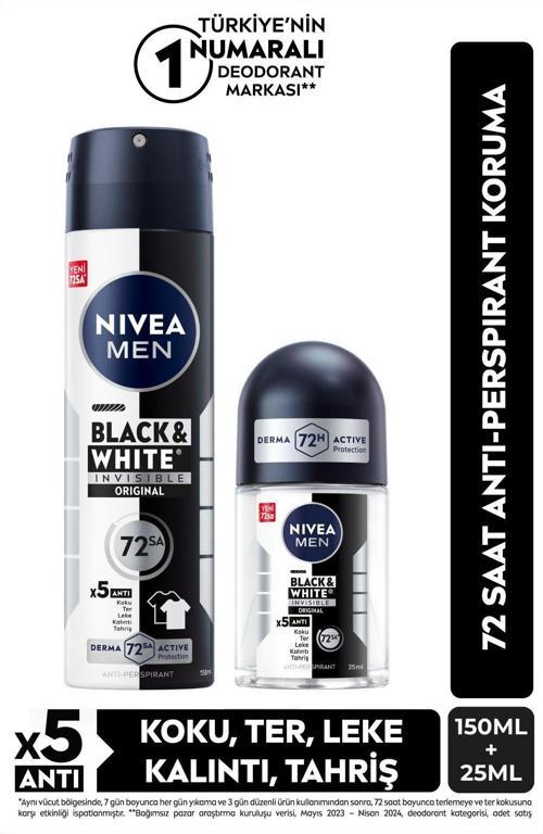 Men Erkek Sprey Deodorant Black&White Invisible Original 150Ml Ve Mini Roll-On 25Ml, 72 Saat Koruma