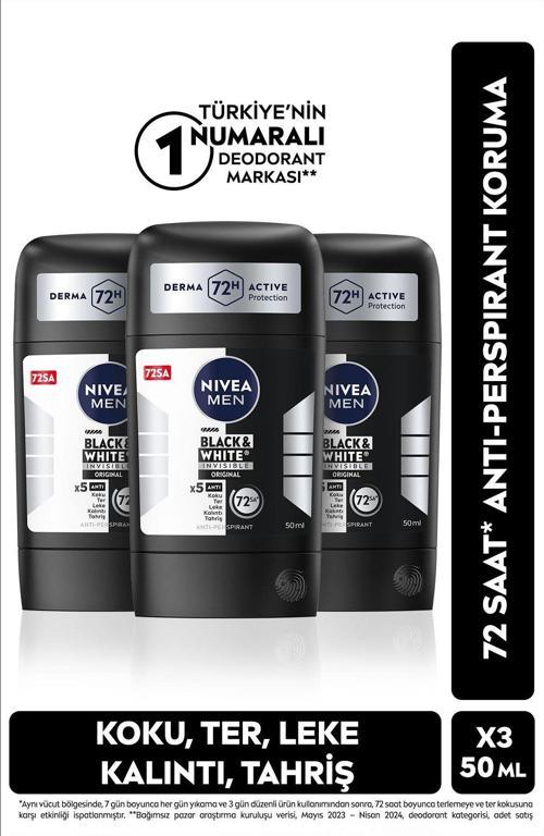 Men Erkek Stick Deodorant Black&White Invisible Original 50Ml, 72Saat Anti-Perspirant Koruma, X3Adet