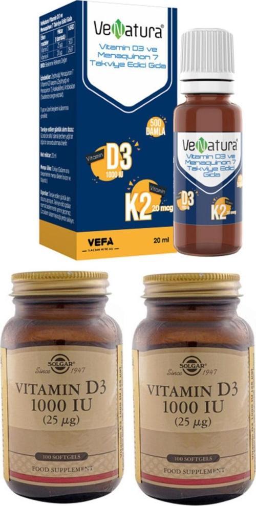 D3K2 20 Ml Damla(Vitamin D 25 Mg-Vitamin K 20 Mg)+Solgar D3 1000 Iu 100 Softgel Kapsül*2 Adet
