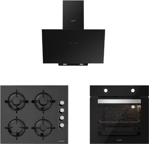 3'lü Siyah Cam Ankastre Set 3481 Flam 60 Siyah+cs5349b01+bo6501b01