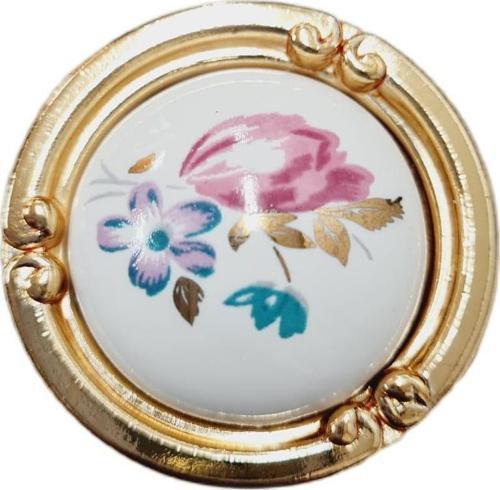 PORSELEN DÜĞME KULP METAL GOLD ÇİÇEKLİ  / 5 ADET