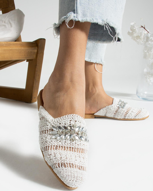 Kadın Önü Kapalı Nakış Taşlı Örme Terlik TS1161