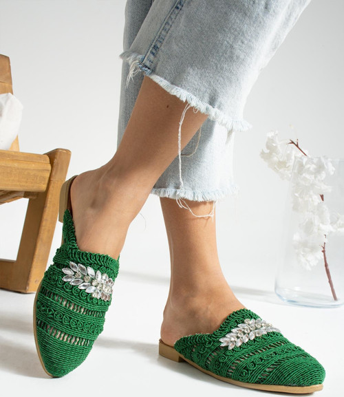 Kadın Önü Kapalı Nakış Taşlı Örme Terlik TS1161