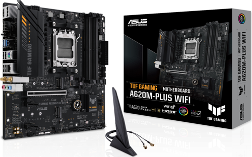 TUF GAMING A620M-PLUS WIFI, 4xDDR5, 2x M.2, HDMI, 2xDP, Wi-Fi 6, Bluetooth v5.3, AMD Ryzen 7000 Serisi, AM5 Soket A