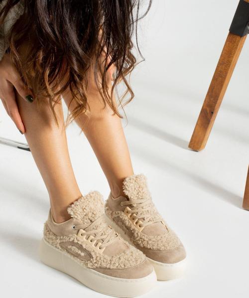 Kadın Yüksek Taban Tüylü Sneaker Spor Ayakkabı TS1157