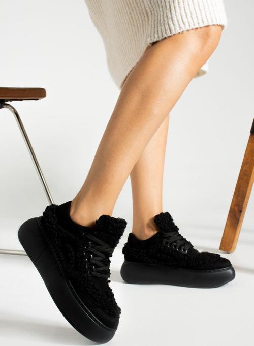 Kadın Yüksek Taban Tüylü Sneaker Spor Ayakkabı TS1157