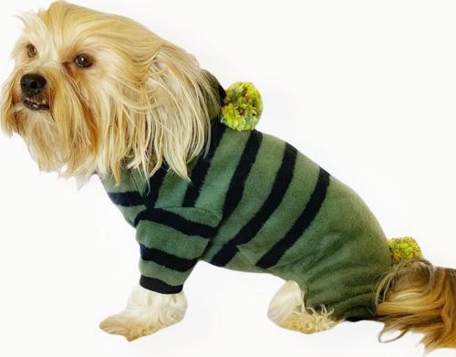 Ponponlu Yeşil Siyah Çizgili Köpek Tulumu Köpek Kıyafeti