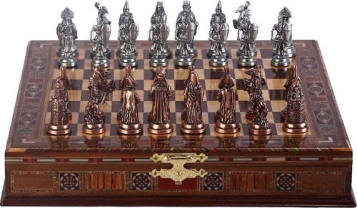 Büyük Boy Metal Osmanlı Bizans Satranç Takımı Antik ve El Yapımı Masif Ahşap Sandıklı Satranç Tahtası(38X38X6,5 cm.)