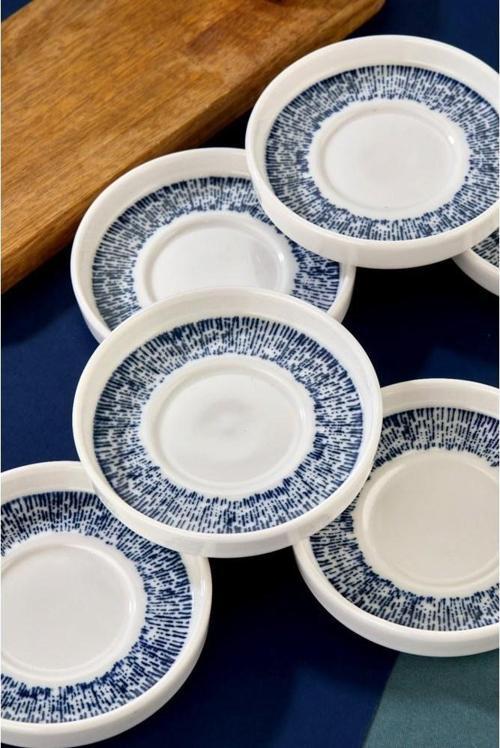 Lüks Porselen Desenli 6 Lı Çay Tabağı Bardak Altı - CKR4150 - Mavi Çizgili