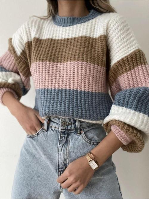 Çizgili Crop Kazak Ekru Vole172128