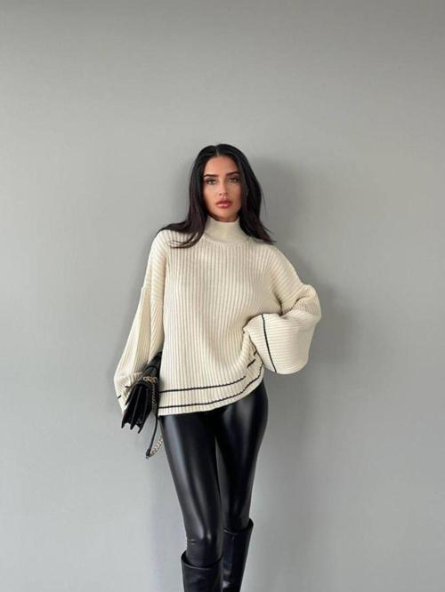 Geniş Kol Oversize Çizgili Triko Kazak