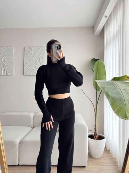 Kadın Yarım Balıkçı Örgü Crop Kazak Pantolon Triko Alt-Üst Takım
