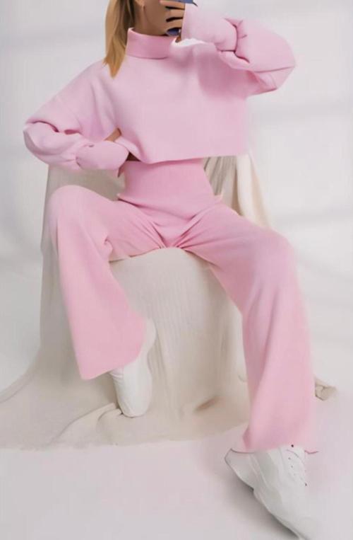Pembe Parmak Geçmeli Crop Yüksek Bel Triko Takım