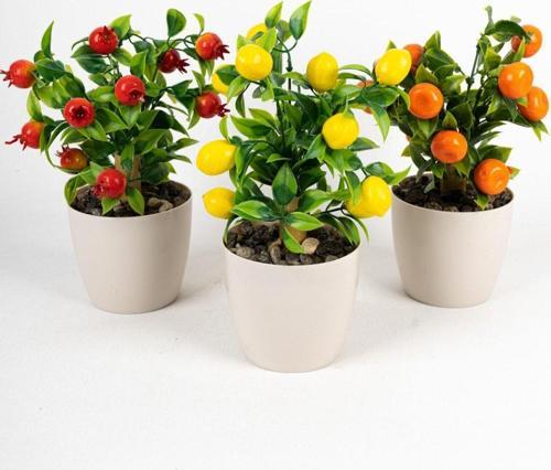 3 Adet Beyaz Plastik Saksıda Yapay Meyve Ağacı Seti