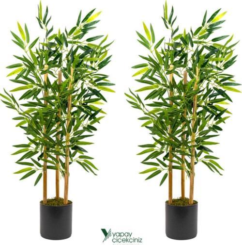 2 Adet Çim Detaylı Gri Saksıda 100 Cm Yapay Bambu Ağacı