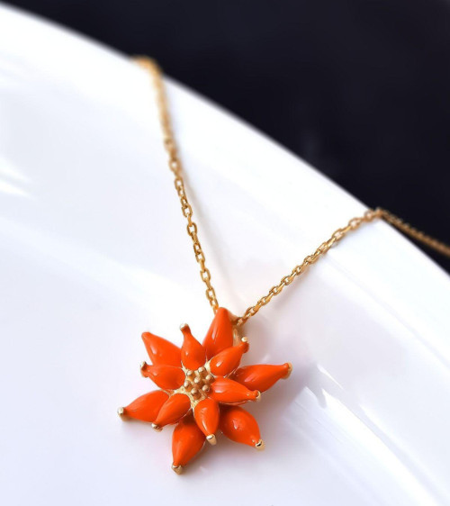 925 Ayar Gümüş Rose Kaplama Turuncu Mineli Lotus Çiçeği Kolye