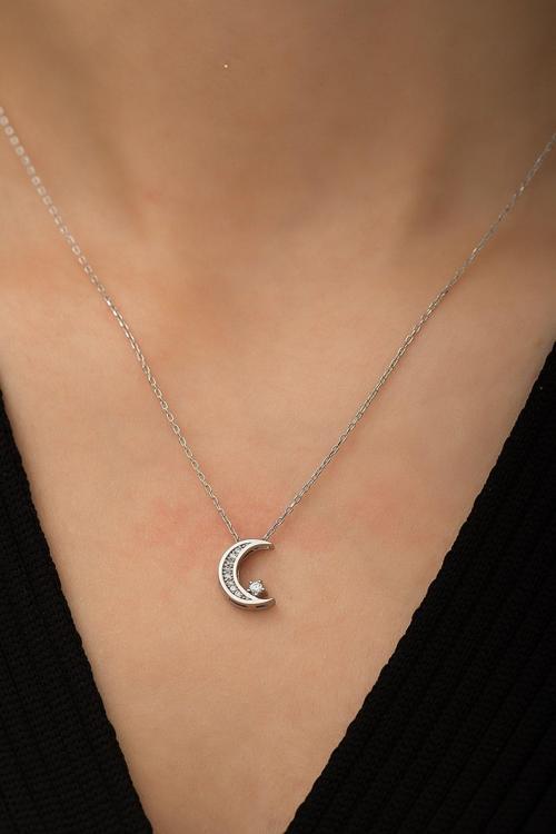 Swarovski® Taşlı Ay Yıldız Kolye Rodyum Kaplama 925 Ayar Gümüş - Suvps00010