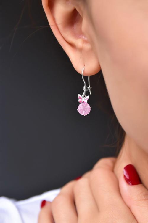 925 Ayar Gümüş Pembe Tektaş Mineli Kelebek Küpe