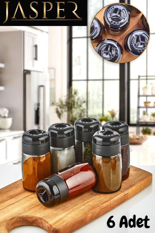JPR-00101 245 ML Black 6 Adet Cam Kavanoz Tuzluk Biberlik Baharatlık Seti Baharat Takımı