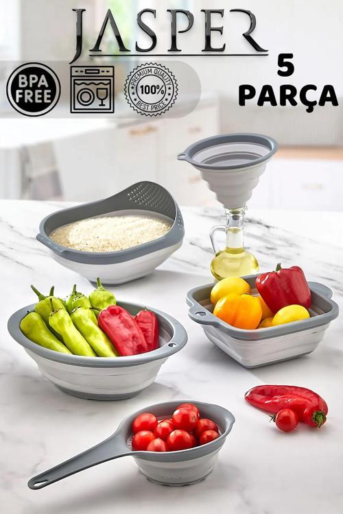 Qlux JPR-0108 5'li Akordiyon Katlanır Süzgeç Mutfak Çeyiz Seti