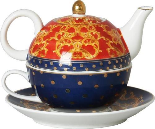 Clarissa Bone China Porselen Mavi Beyaz Naturel Desenli Tek Kişilik Demlik&Fincan LYHD 618