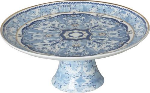 Florance Bone China Porselen Mavi Beyaz Naturel Barok Desenli Ayaklı Kek Standı 27 cm LYHD 607