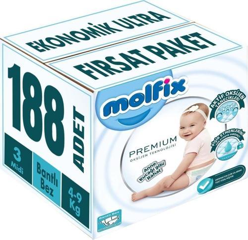 Premium Bebek Bezi Beden:3 (4-9KG) Midi 188 Adet Ekonomik Ultra Fırsat Pk