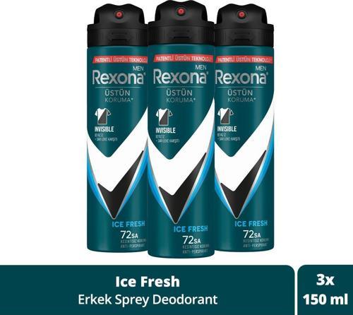 Men Erkek Sprey Deodorant Invisible Ice Fresh 72 Saat Kesintisiz Üstün Koruma 150 ml X3