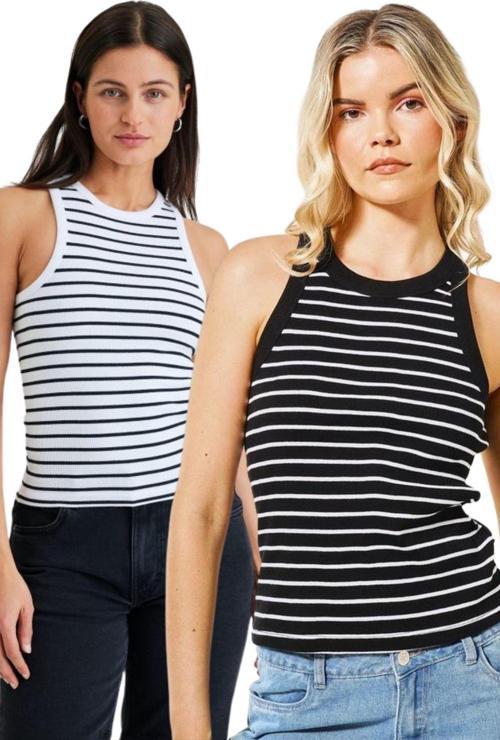 WAK Kadın Siyah Beyaz Çizgili ikili Paket Halter Yaka Basic Bluz