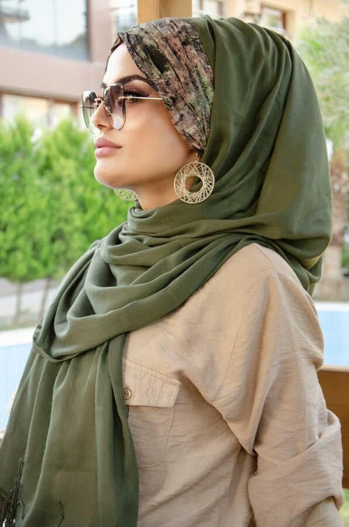 Haki Batik Desenli Hazır Şal