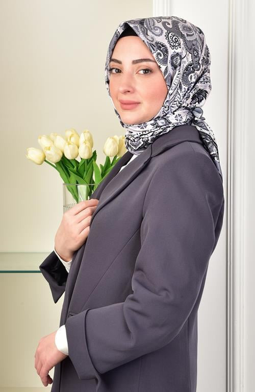 Twill Çini Desen Eşarp Gri