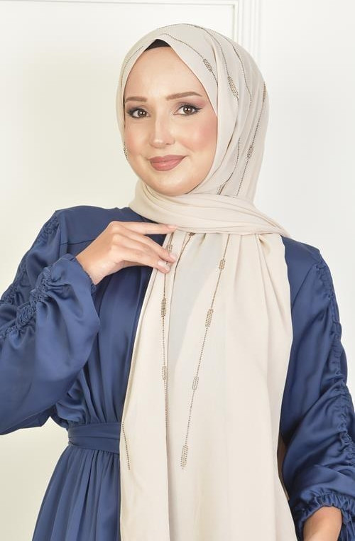Çizgi Taşlı Şifon Şal Kum Beji