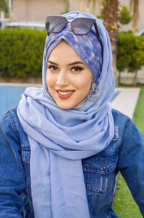 Mavi Büzgülü Batik Desenli Hazır Şal