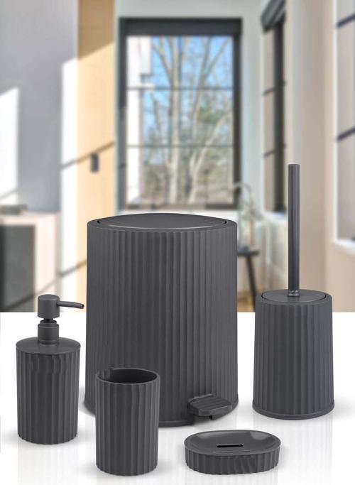 Banyo Seti Plastik Antrasit Renk 5 Parça Pedallı Çöp Kovası