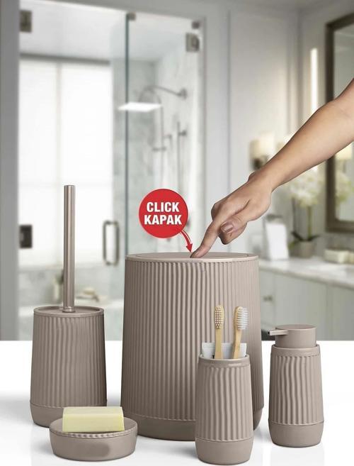 Banyo Seti Plastik Vizon Renk 5 Parça Akıllı Çöp Kovası
