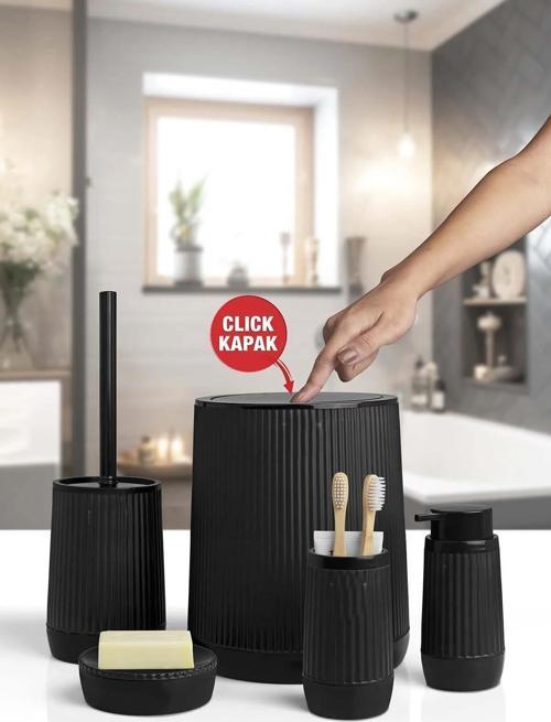 Banyo Seti Plastik Siyah Renk 5 Parça Akıllı Çöp Kovası