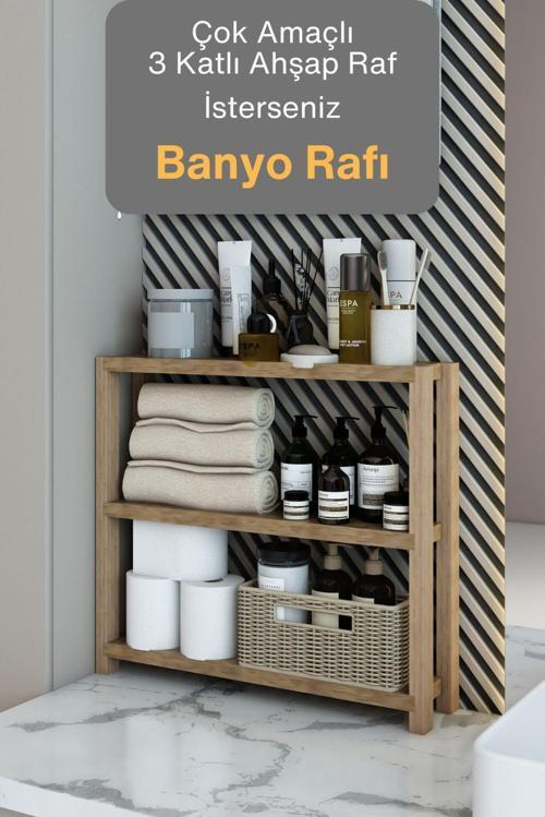 Simge Atlantik Çam Çok Amaçlı 3 Katlı Ahşap Banyo Rafı - Mutfak Rafı - Organizer - Dekoratif Raf
