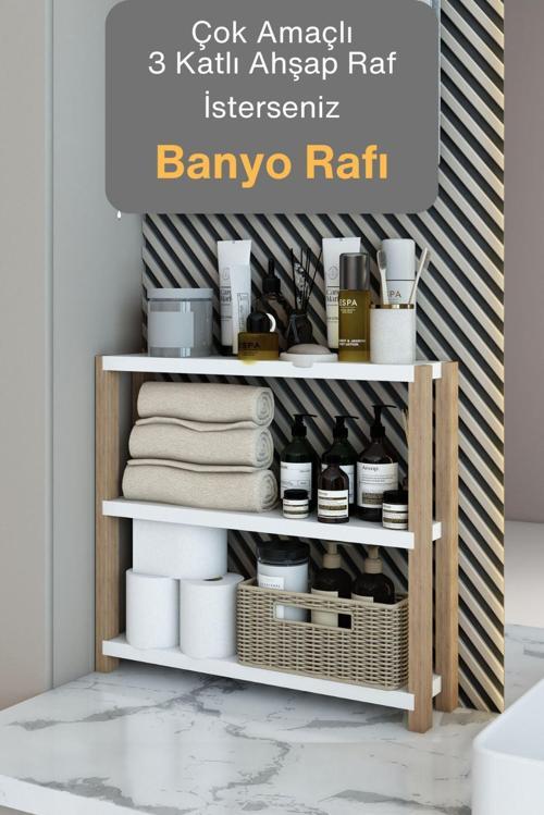 Simge Beyaz Çok Amaçlı 3 Katlı Ahşap Banyo Rafı - Mutfak Rafı - Organizer - Dekoratif Raf 45X24X10 Cm Raf Araları 14 - 5 Cm