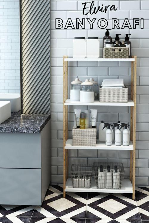 Elvira Beyaz Ahşap 4 Katlı Banyo Rafı - Mutfak Rafı - Çok Amaçlı Dekoratif Raf - Organizer - Kolay Montaj