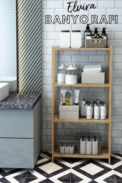 Elvira Atlantik Çam Ahşap 4 Katlı Banyo Rafı - Mutfak Rafı - Çok Amaçlı Dekoratif Raf - Organizer