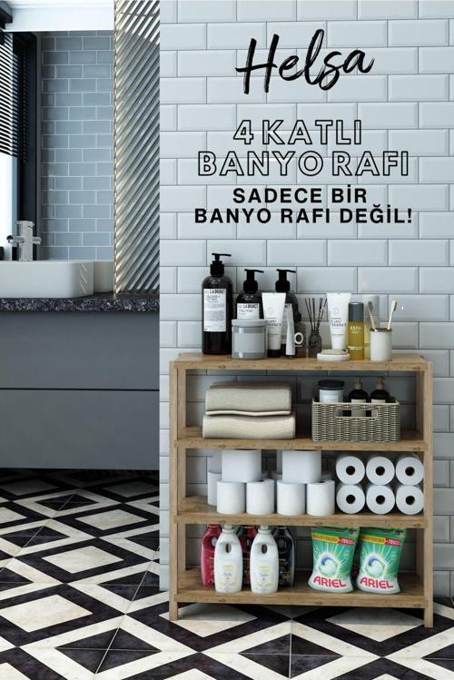Helsa Atlantik Çam 4 Katlı Ahşap Banyo Rafı - Mutfak Rafı - Baharatlık - Çok Amaçlı Dekoratif Raf