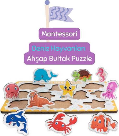 Montessori Deniz Hayvanları Ahşap Bultak Puzzele Seti - Eğitici - Öğretici Ve Güvenli Çocuk Oyuncağı