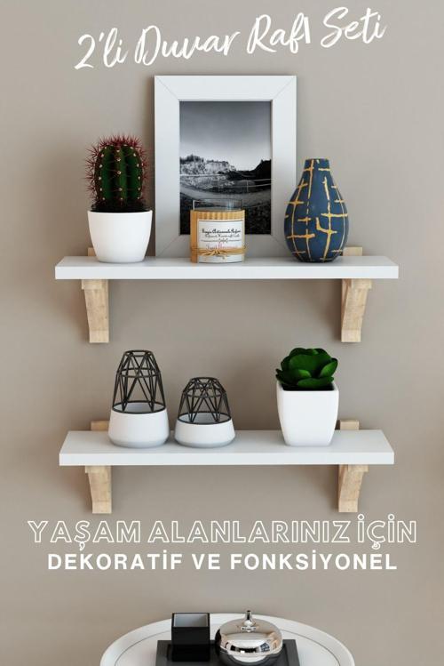 Beyaz Ahşap 2'Li Duvar Rafı Seti - Çok Amaçlı Dekoratif Raf - Duvar - Kitaplık Rafı