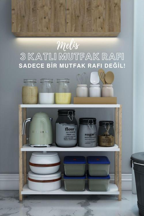 Melis Beyaz Çok Amaçlı 3 Katlı Ahşap Mutfak Rafı - Baharatlık - Organizer - Dekoratif - Kolay Montaj