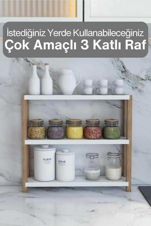 Simge Beyaz Ahşap 3 Katlı Baharatlık - Organizer - Dekoratif Raf - Çok Amaçlı Kullanım - Kolay Montaj