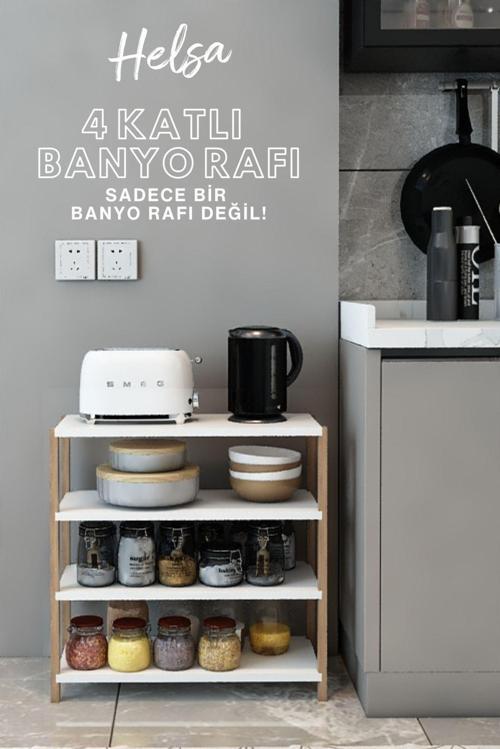 Helsa Beyaz 4 Katlı Ahşap Mutfak Rafı - Baharatlık - Banyo Rafı - Çok Amaçlı Dekoratif Raf - Organizer